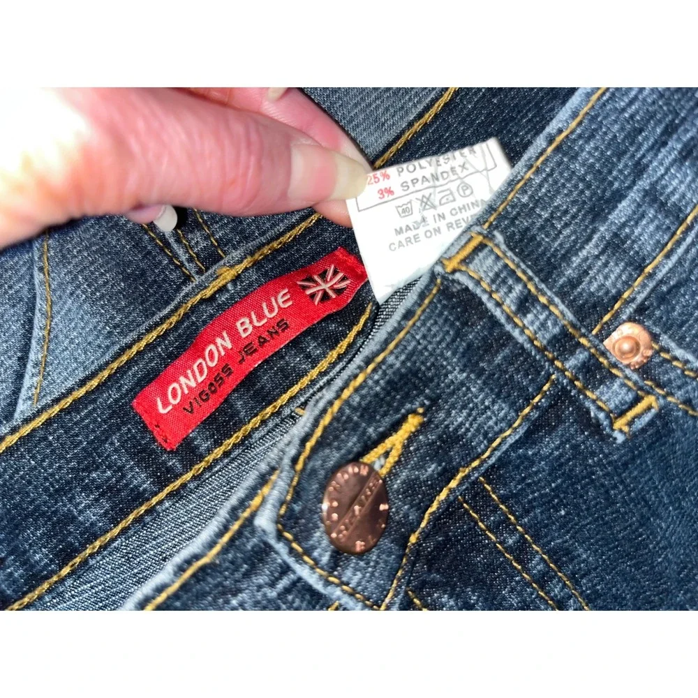 London Blue Vigoss Jeans Denim Skirt Dark Wash Paneled Chevron Y2K Cyber Grunge‎